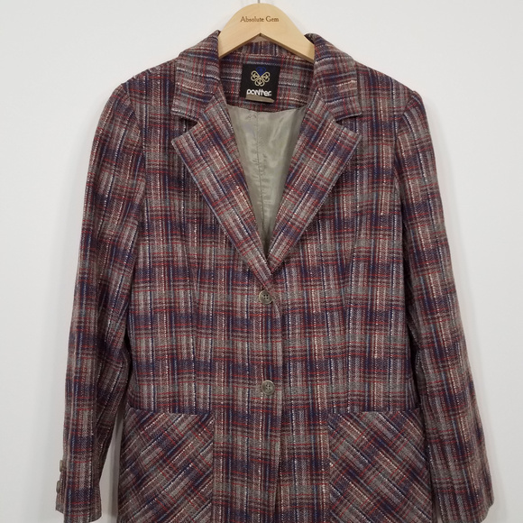 Vintage Panther Wool Plaid Blazer lined Suit Jacket red blue gray Academia 13/14 - Picture 1 of 8